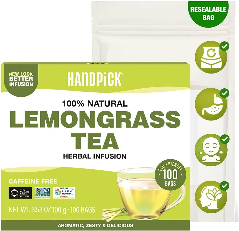 HANDPICK, Lemongrass Tea Bags (100 Count) Non-GMO, Caffeine Free - Quality Lemongrass Herbal Tea- Eco-conscious Round Tea Bags | Brew Hot or Iced Tea