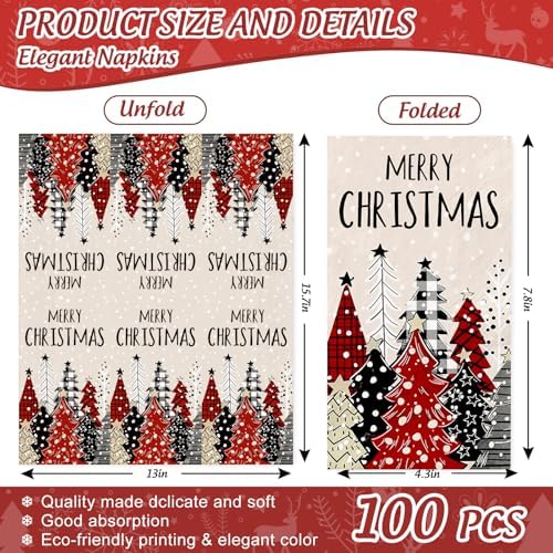 JarThenaAMCS 100Pcs Christmas Guest Napkins Rustic Plaid Xmas Tree Disposable Paper Napkins Winter Dinner Hand Napkins for Holiday Party Tableware Supplies
