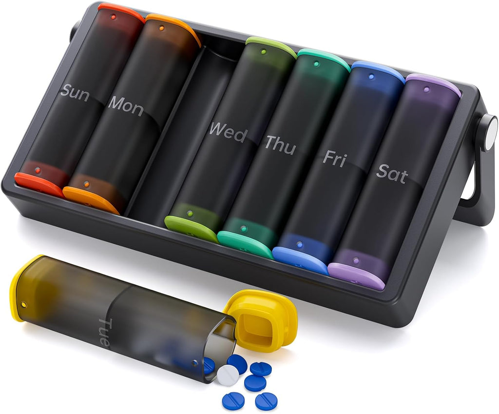 Weekly Pill Organizer 2 Times a Day, KOVIUU Large Travel Pill Box 7 Day, Am Pm Twice Daily Pill Case with Rotatable Handle, Pill Holder Container for Vitamin, Medicine, Supplement, Translucent-Black