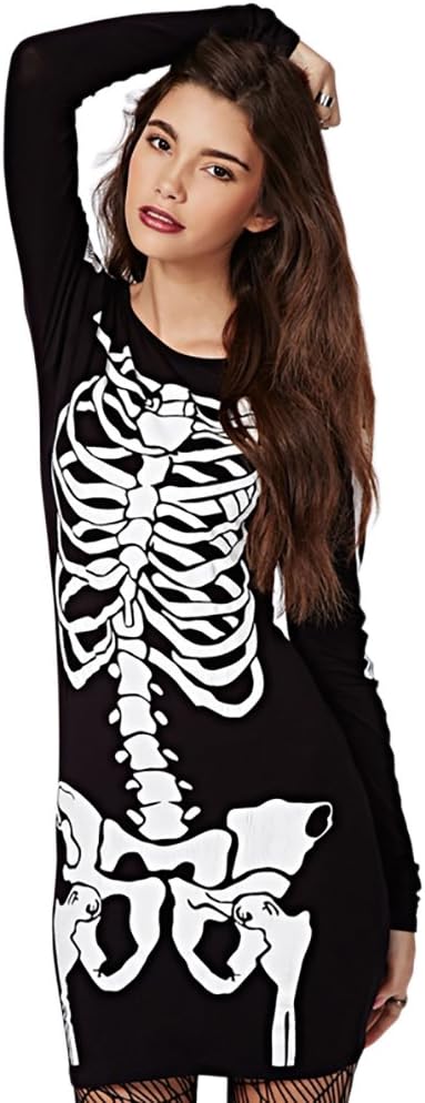 RieKet Women's Halloween Costume Skeleton Dress Long Sleeves Stretchy Short Mini Dress