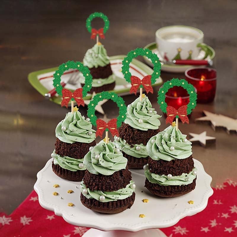 24Pcs Christmas Wreath Cupcake Toppers Glitter Red Green Christmas Garland Cupcake Picks for New Year Baby Shower Birthday Party Decoration