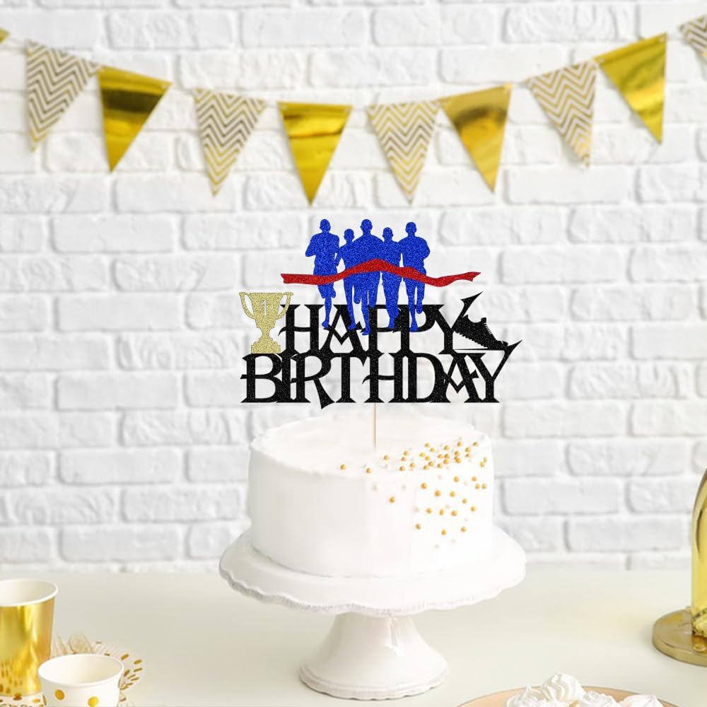 Glitter Sports Marathon Happy Birthday Cake Topper -Cheer to Marathon Running Track and field Sport Theme Decor,Men Women Player Happy Birthday Party Decorations