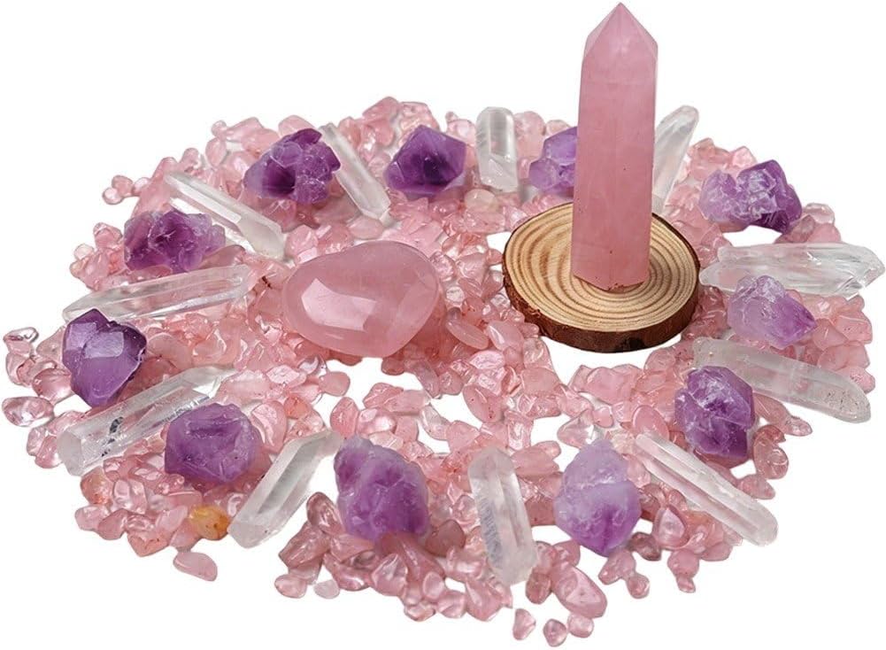 Sanfly Pink Crystal Healing Set - Rose Hexagonal Column with Crushed Stone Heart, Natural Stone Gift Box for Energy Home Decor