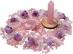 Sanfly Pink Crystal Healing Set - Rose Hexagonal Column with Crushed Stone Heart, Natural Stone Gift Box for Energy Home Decor