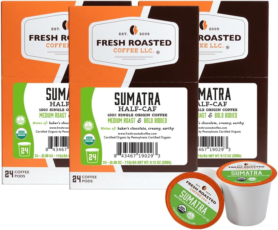 Fresh Roasted Coffee, Organic Sumatra Water-Processed Half-Caf | 100% Single Origin, USDA Organic, Kosher | Medium Roast K-Cup Compatible | 72 Pods