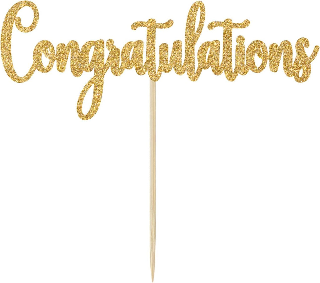 Gold Glitter Congratulations Cake Topper - Congrats Cake Topper - Graduation, Wedding, Retirement, Birthday, Anniversary, Celebration Party Decorations