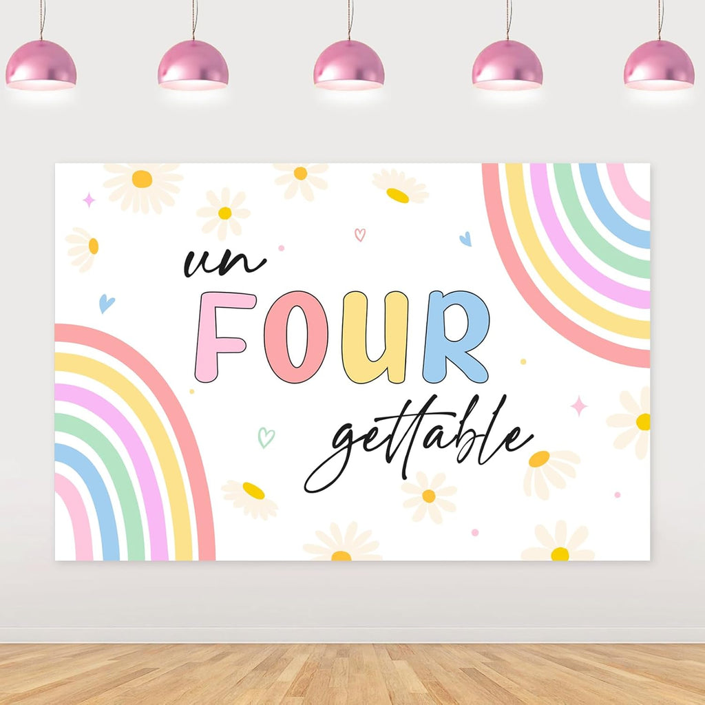 Unforgettable 4th Birthday Girl Decorations Backdrop 5 * 3ft Vinyl Cloth Fabric Photography Background for Princess Rainbow 4 Four Years Old 4th Girl Birthday Decoration