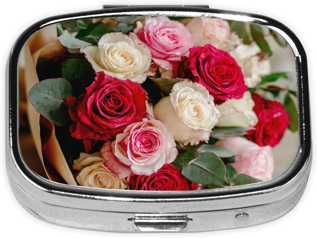 red Roses Printed Pill Box/Pill Case Portable Square Pill Box, 2.2x1.6in