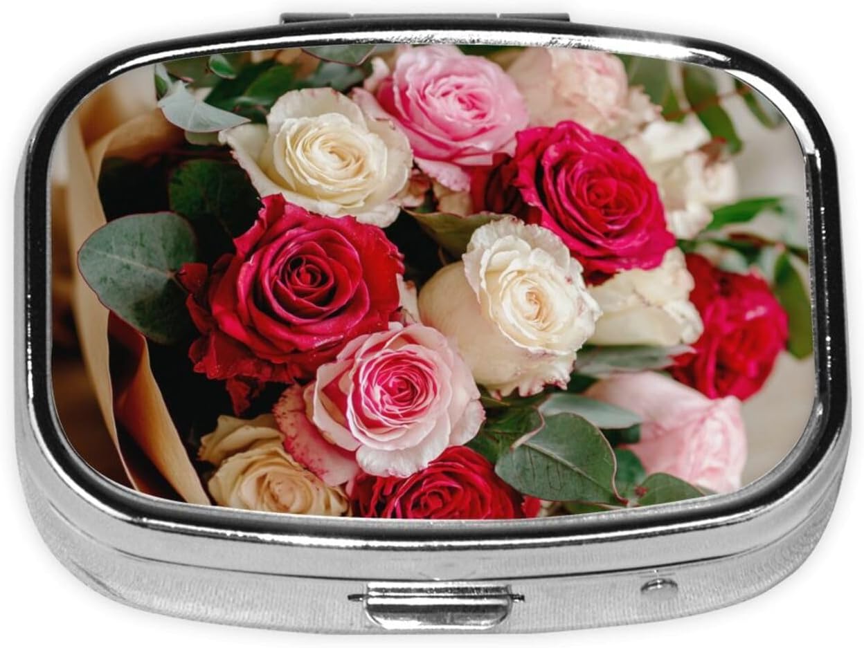 red Roses Printed Pill Box/Pill Case Portable Square Pill Box, 2.2x1.6in