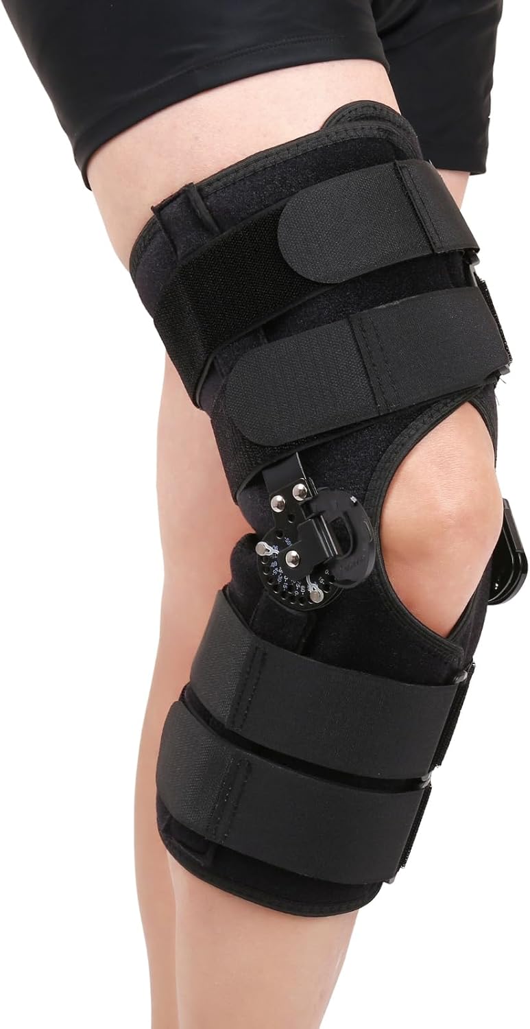 Hinged ROM Knee Brace with Side Stabilizers, Post Op Knee Immobilizer for Arthritis, ACL, MCL, PCL, Meniscus Tear, Medical Orthopedic Support After Surgery (Upgraded Version, Small)