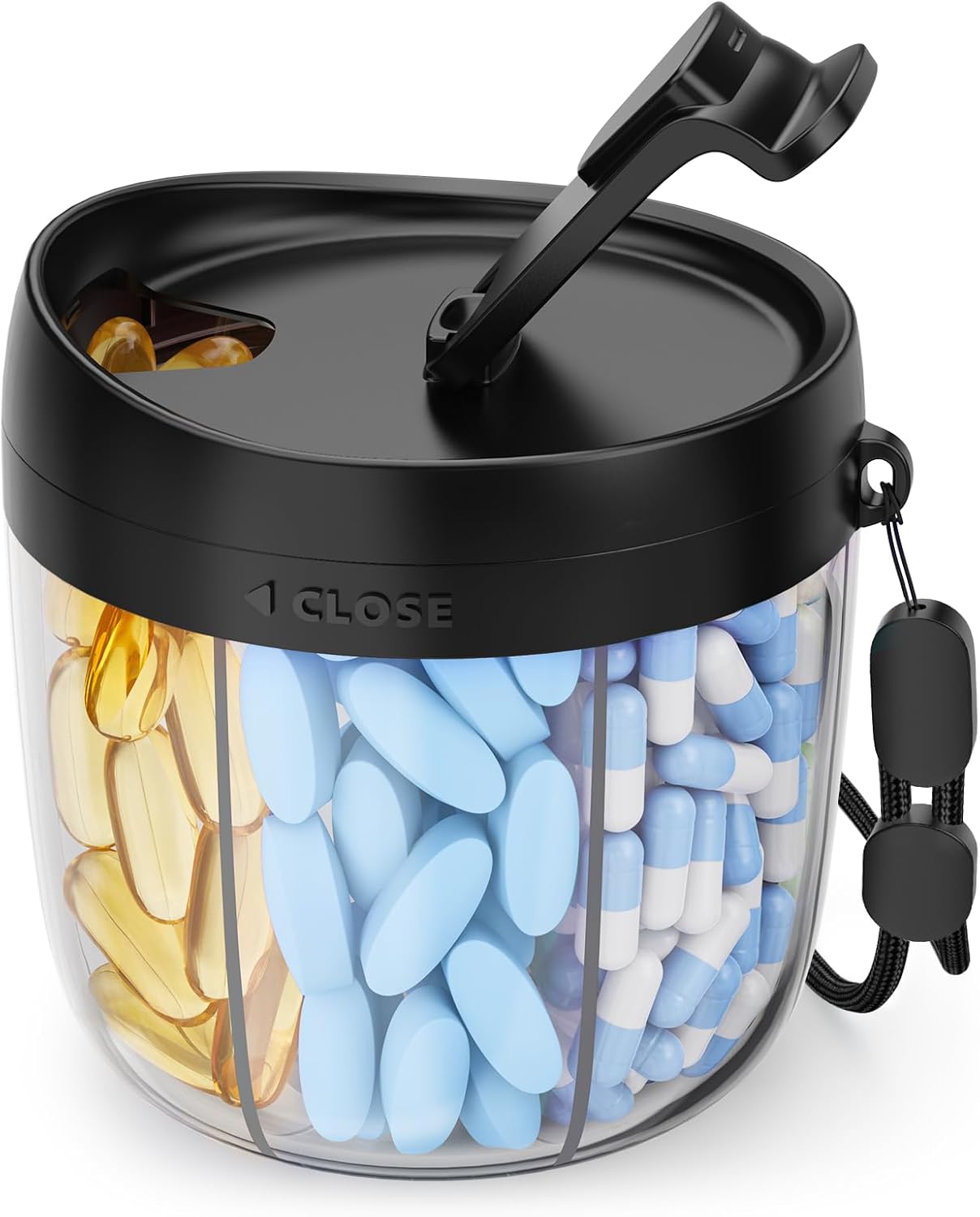 AMOOS Cute Pill Dispenser with 7 Large Compartments, Portable Pill Bottle Organizer with Wide Opening for Easy Use, Anti-Mix Pill Organizer for Travel, BPA-Free Pill Container, Black