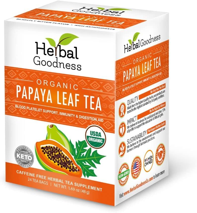 Organic Papaya Leaf Extract Tea For Platelets 24bags - Papaya Enzymes Natural Blood Platelet Tea - For Immune Gut & Digestive Health - Made in the USA