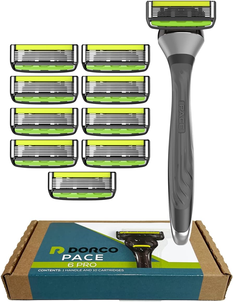 Dorco Pace 6 Pro - Six Blade Razor System with Trimmer - 10 Pack (1 Handle + 10 Cartridges)