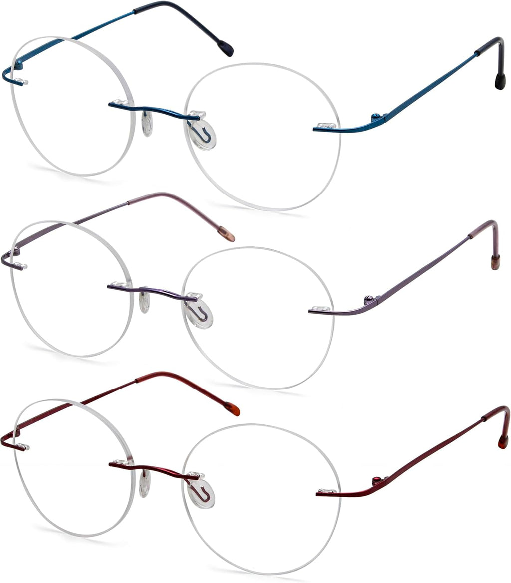 Eyekepper 3-Pack Round Rimless Metal Reading Glasses Women Men - Circle Frameless Readers (Blue/Red/Purple)+1.25