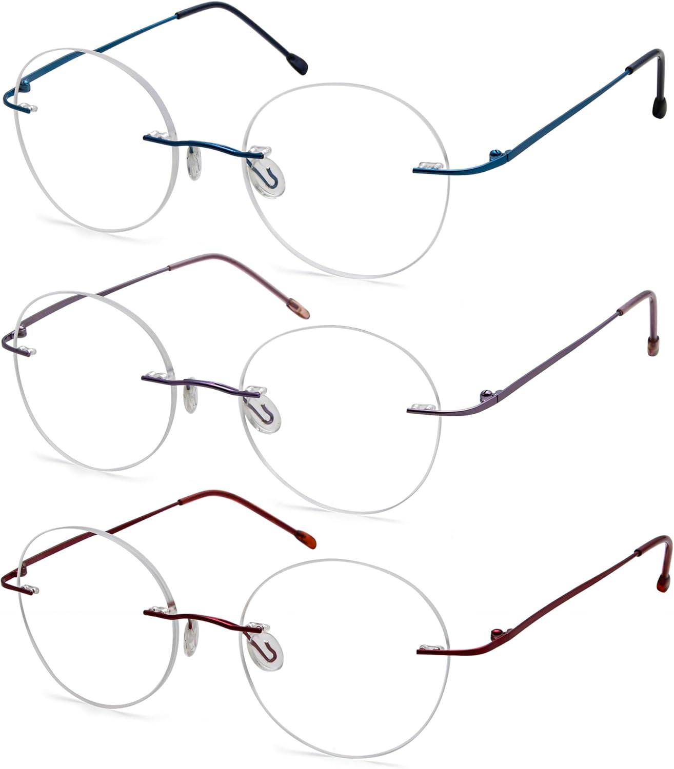 Eyekepper 3-Pack Round Rimless Metal Reading Glasses Women Men - Circle Frameless Readers (Blue/Red/Purple)+1.50