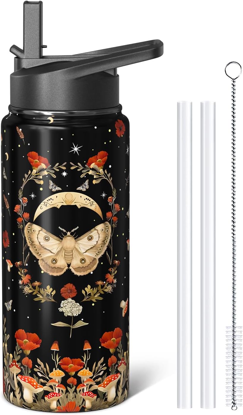 Goth Gifts 18oz Sport Water Bottle with Flip Straw & Spout Lid, Gothic Poppy Moth Stainless Steel Insulated Gym Water Bottle, Mushroom Moon Gifts for Women Men (1 PC)