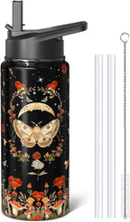 Goth Gifts 18oz Sport Water Bottle with Flip Straw & Spout Lid, Gothic Poppy Moth Stainless Steel Insulated Gym Water Bottle, Mushroom Moon Gifts for Women Men (1 PC)