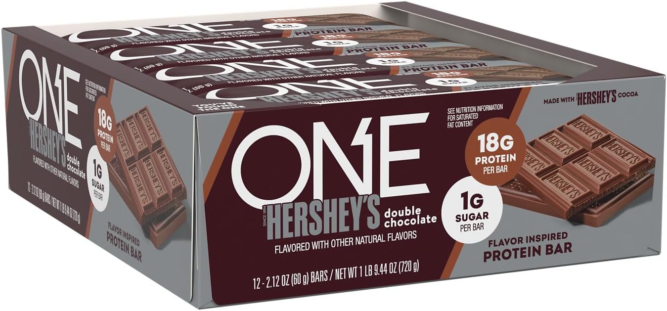 ONE Protein Bars, NEW Hershey's Double Chocolate, Gluten Free with 18g Protein and 3g Sugar, Pantry Staples 2.12 oz (12 Pack)