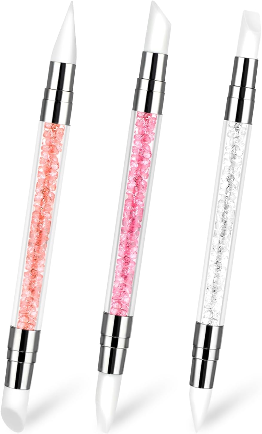 3 Pcs Nail Art Sculpture Pen, Dual Tipped Silicone Nail Tools, Silicone Head Acrylic Handle Nail Art Brushes, Rhinestone Nail Polish Carving Pen, Nail Art Tools for Home Salon(White, Pink, Orange)