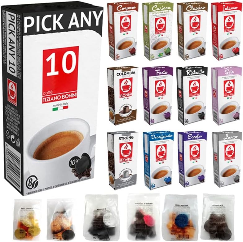 100 Bonini Coffee and Chocolate Pods Compatible with Nespresso. Pick Any 10 Packs from 19 Blends Including: Espresso, Latte, Chocolate and New Eco Capsules