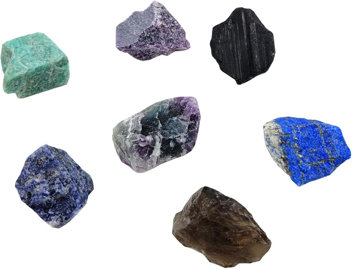 7Pcs Energy Crystals for Home Protection Raw Crystals Set of Smoky Quartz,Fluorite,Black Tourmaline,Lepidolite,Lapis Lazuli,Sodalite,Amazonite(Crystals for Home Protection)