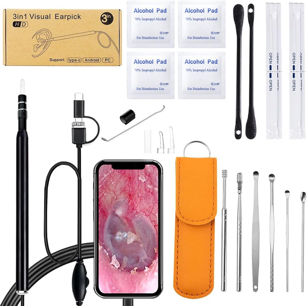 Ear Wax Removal Tool Kit, Ear Otoscope Cleaning Tool with Light Camera, HD Ear Digital Endoscope Ear Pick Equipped with 6 LED Lights, 6 in 1 Stainless Steel Ear Wax Cleaner Tool for Micro USB Type C