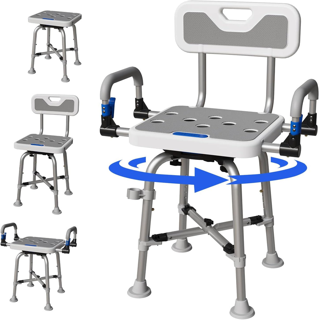360° Swivel Shower Chair for Elderly and Disabled 400lbs Heavy Duty Bathing Transfer Stool with Armrests & Backrest Adjustable Height Bath Chair for Inside Shower Standard Bathrooms & Bathtubs Gray