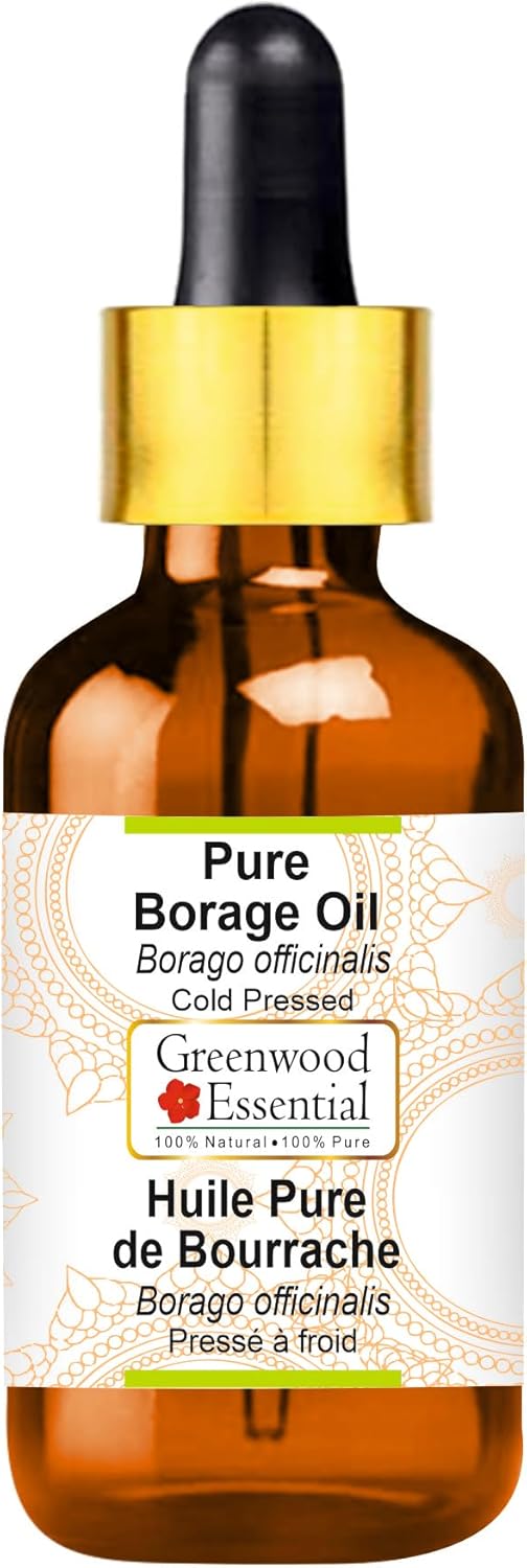 Greenwood Essential Pure Borage Oil (Borago officinalis) with Glass Dropper Cold Pressed 10ml (0.33 oz)