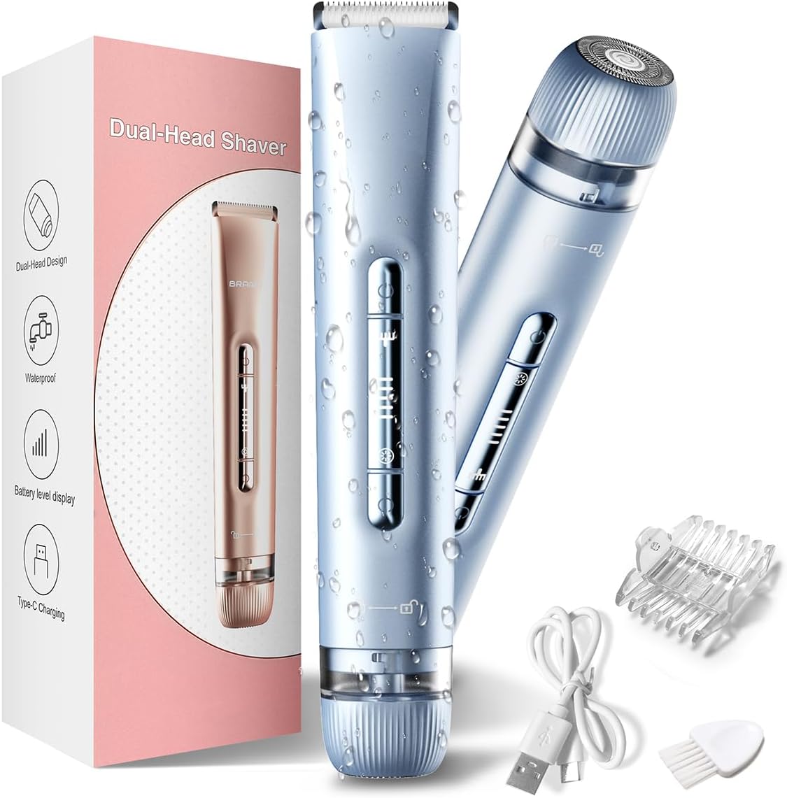 Bikini Trimmer for Women,2 in 1 Womens Electric Razors,Dual Head Shaver for Women Lady Facial Pubic Legs Private Area Body Hair,IPX7 Waterproof Wet & Dry
