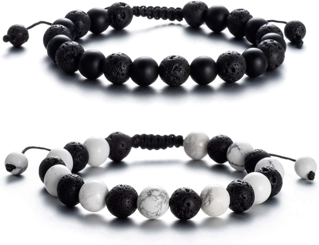 Softones 8MM Lava Rock Aromatherapy Anxiety Essential Black and White Intervals Beads Bracelet for Men Women, Friendship Couples Bracelets Gifts