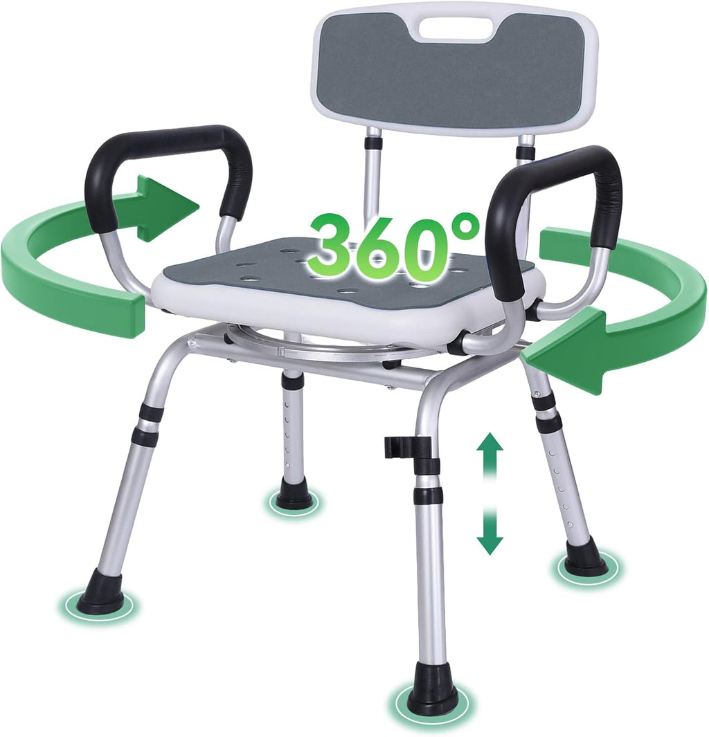 Swivel Shower Chair with Locking Seat, 400 lbs 360° Rotating Shower Chair for Elderly & Disabled, Height Adjustable Bath Chair with Arms & Back, Non-Slip Bariatric Shower Seat for Inside Shower
