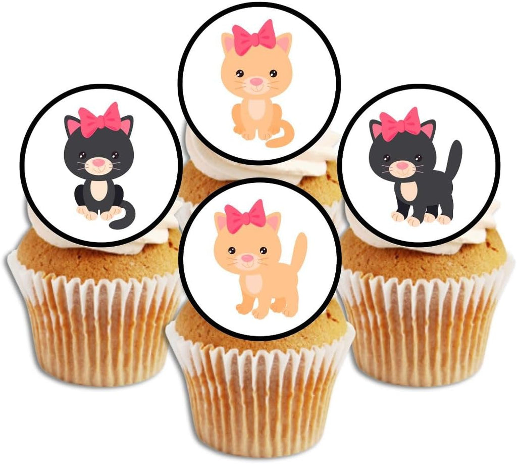 24 Cute Kittens Edible Cupcake Toppers, Stand Up Discs Wafer Cake Decorations Cat Birthday Decorations, Cat Cake Toppers, Edible Birthday Party Cookie Decor, 1.5 inch / 4cm UNCUT