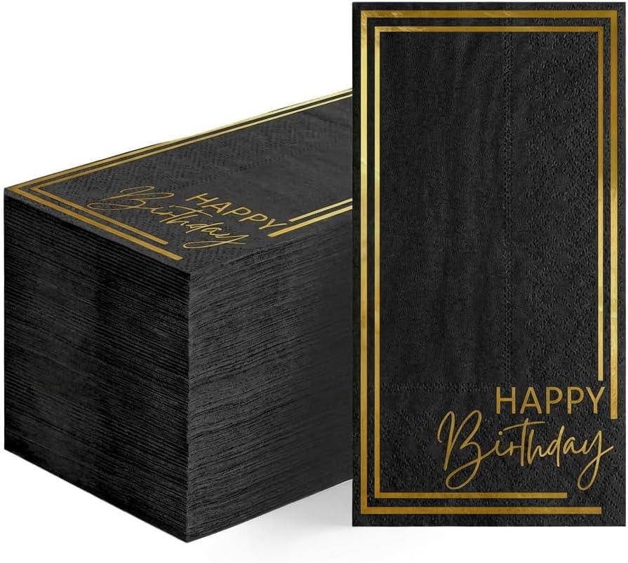 Horaldaily Birthday Disposable Paper Decorative Guest Napkins, Happy Birthday Gold Foil Black Elegent Celebration Hand Towel for Party Lunch Dinner Kitchen Bathroom