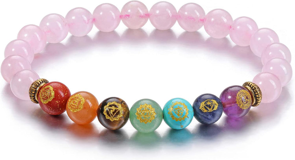 Natural 8mm 7 Chakra Stone Crystal Bracelet Reiki Healing Crystal Gemstone Beads Men Women Stretch Bracelet for Meditation, Protection