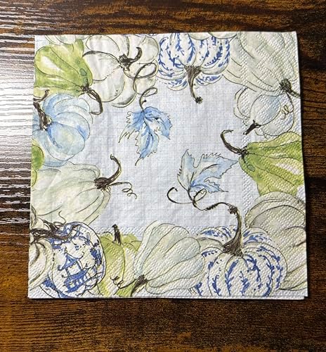 IHR Ideal Home Range Party Napkins Disposable 3-Ply Paper Lunch Napkin Pack, 6.5" x 6.5", Chinoiserie Stacked Pumpkins, 20-Count