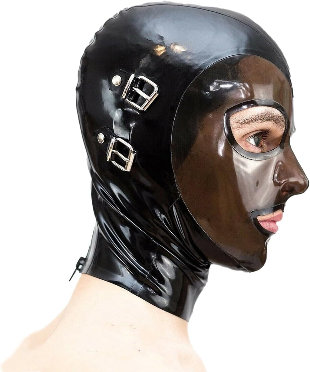 Latex Mask Rubber Hood with Detachable Blindfold and Mouthfold,Handmade Back Zipper for Latex Lovers