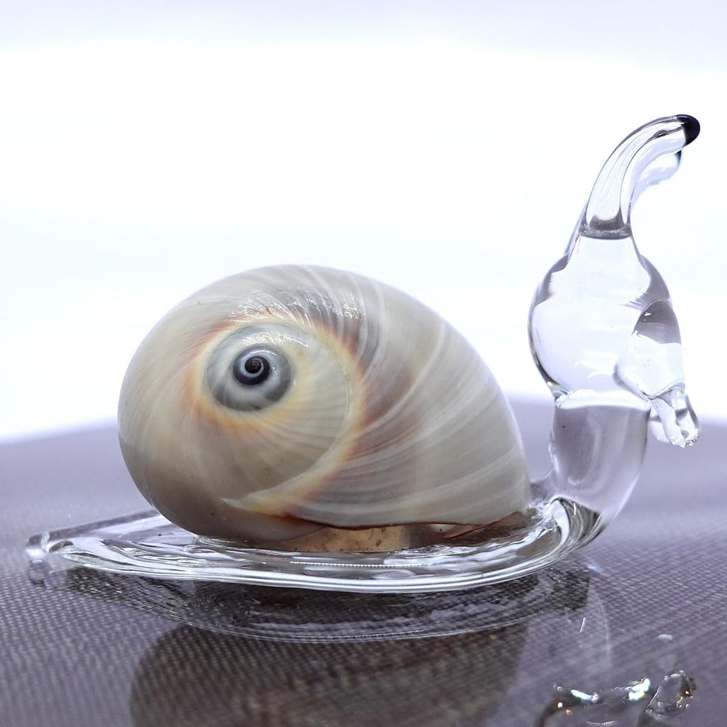 Rare Snail Hand Blown Glass Art W/Natural Seashell Conch Tiny Miniature Figurines Beach Animals Collectible Gift Home Décor (Beige)