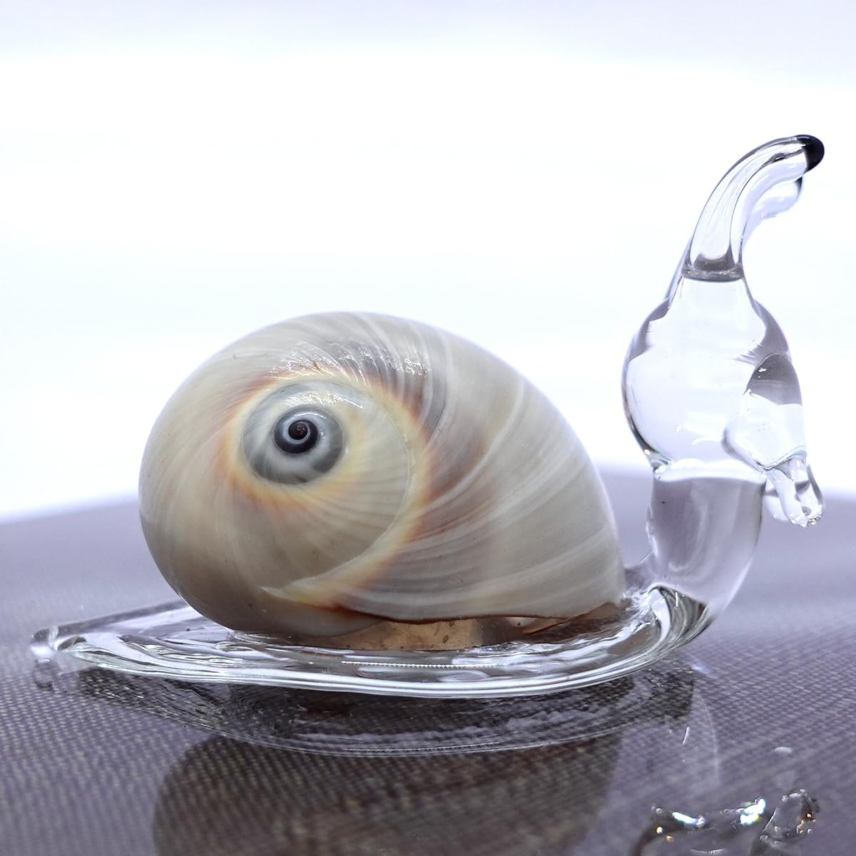 Rare Snail Hand Blown Glass Art W/Natural Seashell Conch Tiny Miniature Figurines Beach Animals Collectible Gift Home Décor (Beige)