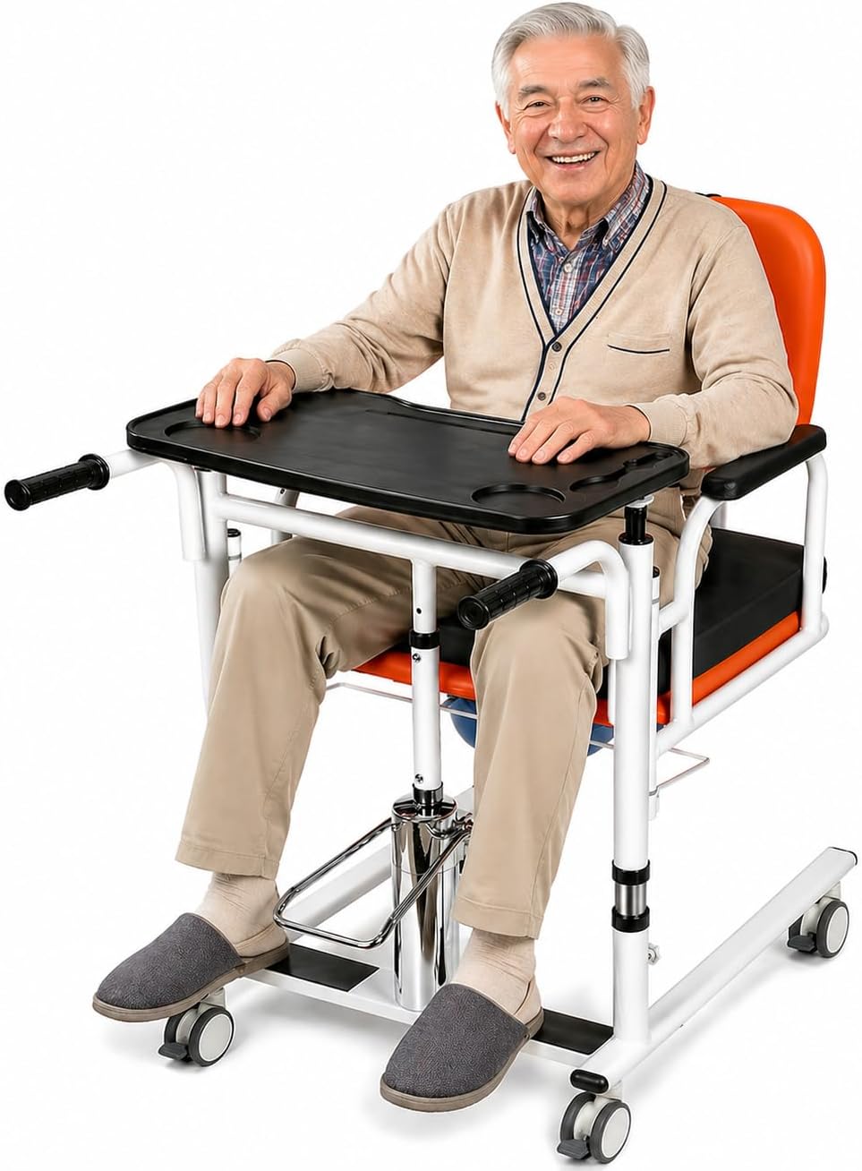 Patient Lift Transfer Chair for Home, 440lbs Capacity,Equipped with a Hydraulic Lift Bar, Commode, and Dining Table，4 in 1 Shower Chair with 180° Split Seat, for Elderly Transfer to Bed/Toilet