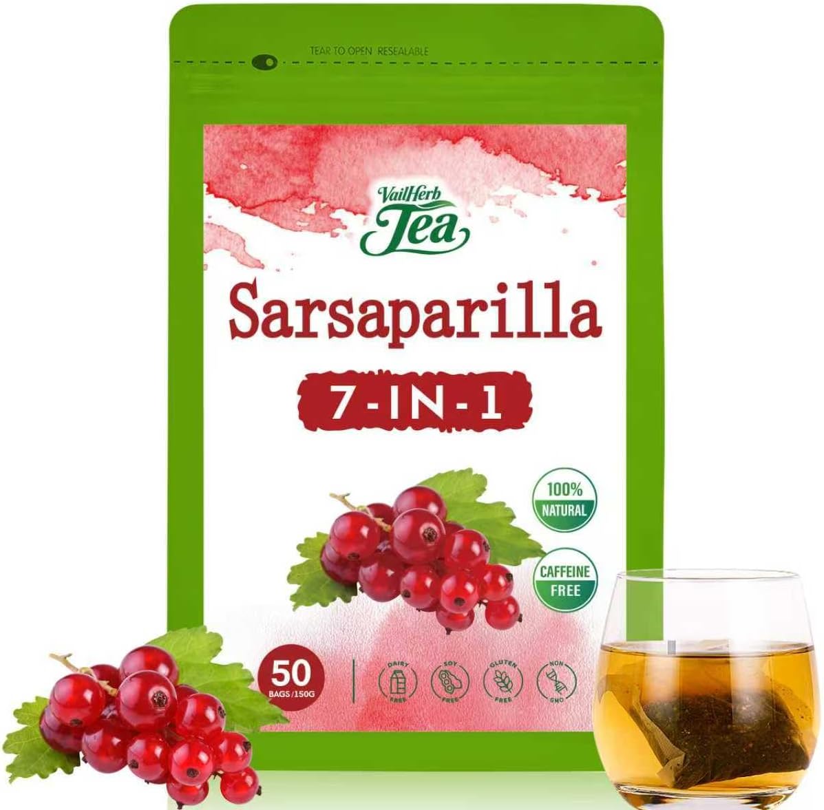 VailHerbTea Sarsaparilla Root Tea Bags for Body Detox Cleanse, 7-in-1 Herbal Tea with Burdock, Echinacea & Dandelion Support Urinary Tract and Immune Health. Caffeine-Free Tea - 50 Count