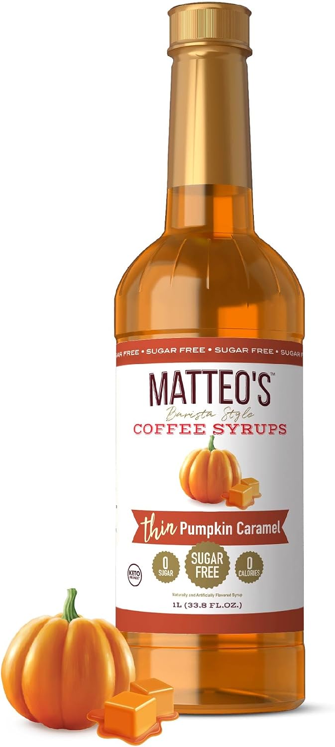 Matteo's Pumpkin Caramel Syrup for Coffee, Lattes, Cappuccinos & Desserts – Sugar-Free Sweetener for Beverages, Keto Friendly, Zero Calories, Indulgent Flavor, Non-Alcoholic, 33.8oz (1pk)