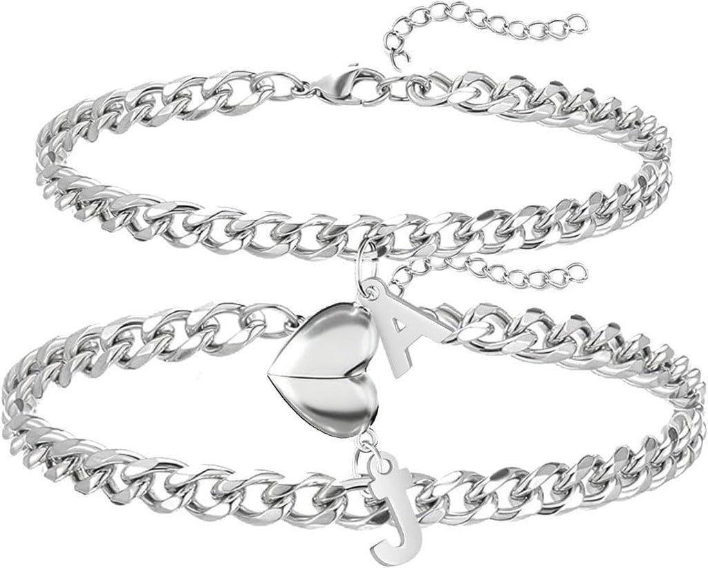 Magnet Couple Bracelet for Women Men A-Z Initial Silver Bracelet Stainless Steel Cuban Link Chain Adjustable Valentines Day Gifts for Him Her