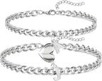 Magnet Couple Bracelet for Women Men A-Z Initial Silver Bracelet Stainless Steel Cuban Link Chain Adjustable Valentines Day Gifts for Him Her