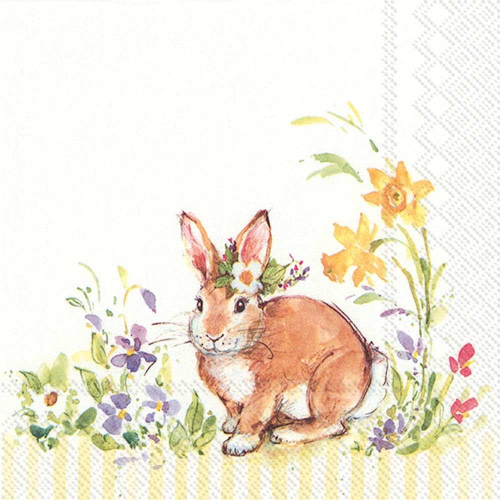 IHR Ideal Home Range 3-Ply Cocktail Size Paper Party Napkins, 20-Count, 5" x 5", Lovely Bunny (Yellow)
