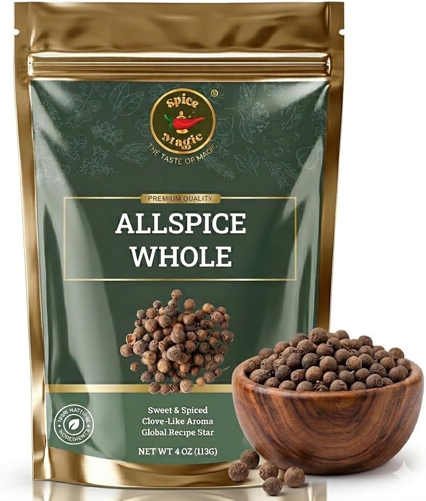 Spice Magic Allspice Whole, 4 oz (113g) - Premium Whole Jamaican Pimento Berries for Savory and Sweet Dishes I 100% Natural, Non-GMO & Freshly packed, ideal for both savory and sweet dishes.