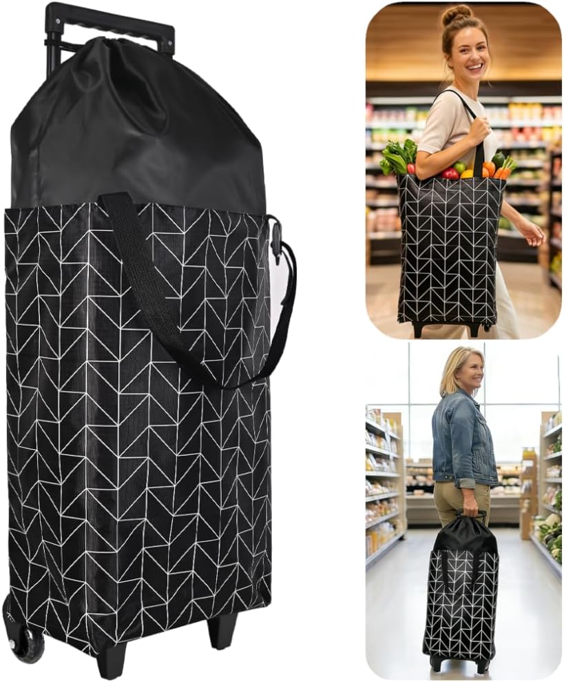 Rolling Shopping Bag, Small Shopping Cart with Wheels,Collapsible Portable Waterproof Tote for Market & Grocery Runs–Gift for Women & Seniors(Black&Expandable Bag)