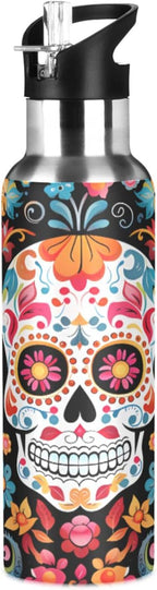 Skull Day Of The Dead Water Bottle Kids Insulated Sports Vacuum Stainless Steel Mug with Straw Lid & Handle 20 oz
