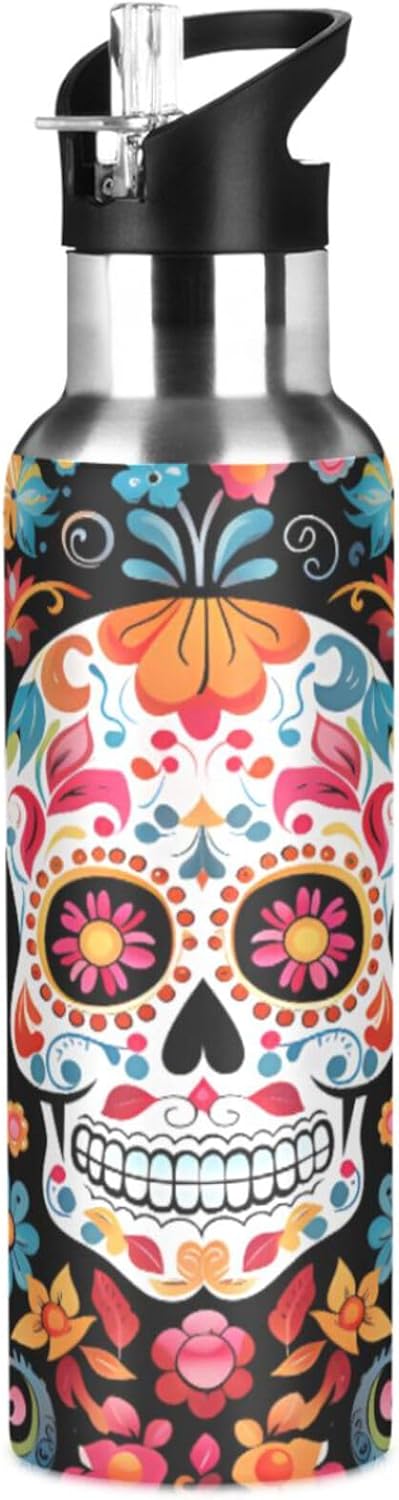 Skull Day Of The Dead Water Bottle Kids Insulated Sports Vacuum Stainless Steel Mug with Straw Lid & Handle 20 oz