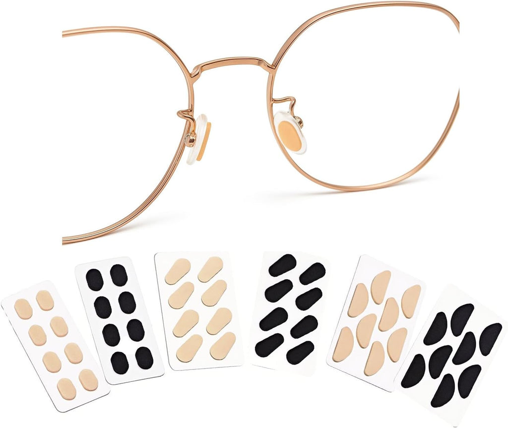 EVA Foam Nose Pads for Glasses, 24 Pairs 1.5mm Ultra Soft Anti-Slip Self-Adhesive Cushions – Oval, Half-Moon, Drop-Shaped – Skin & Black, for Eyeglasses, Sunglasses, Kids