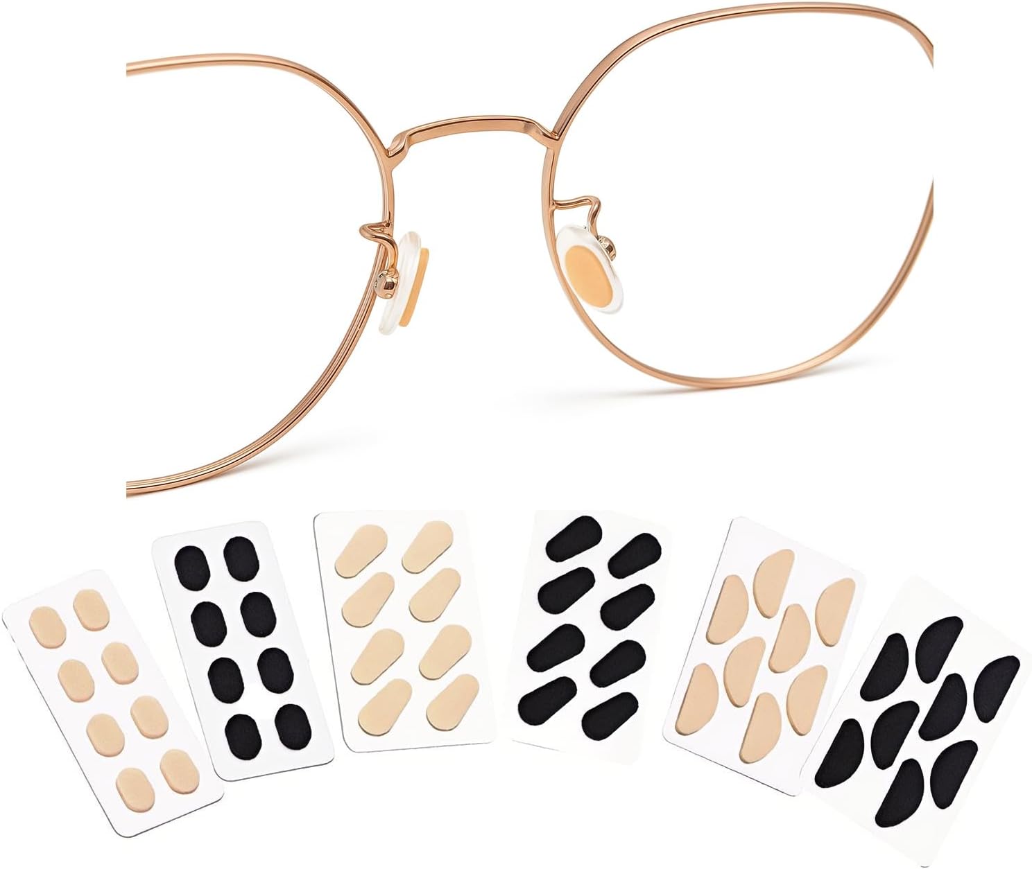 EVA Foam Nose Pads for Glasses, 24 Pairs 1.5mm Ultra Soft Anti-Slip Self-Adhesive Cushions – Oval, Half-Moon, Drop-Shaped – Skin & Black, for Eyeglasses, Sunglasses, Kids